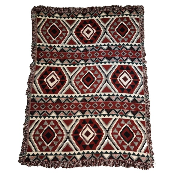 Vtg Blanket Throw Southwestern Geometrical Aztec Western Red 66 x 47 in Black - Picture 2 of 8